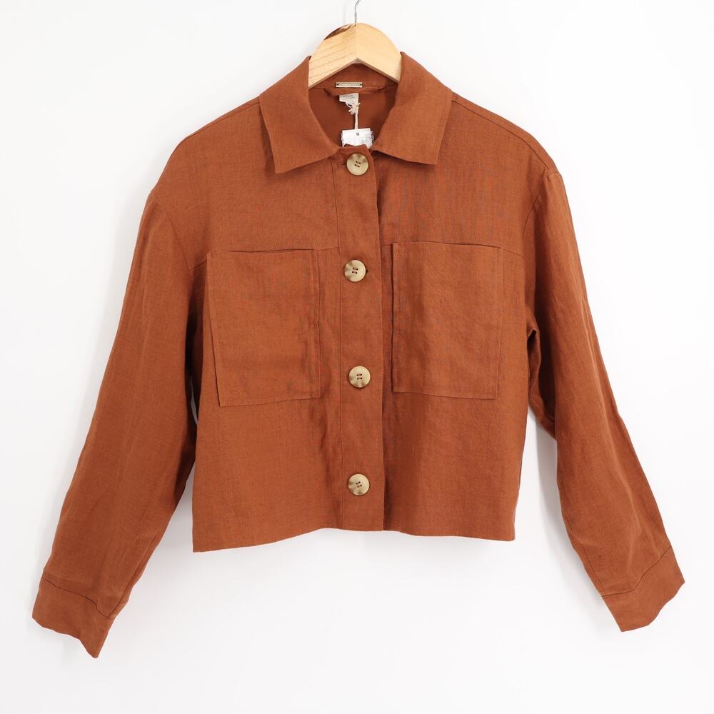 Magaschoni NWT Women's Sz M 100% Linen Cropped Utility Boxy Shirt Burnt Orange